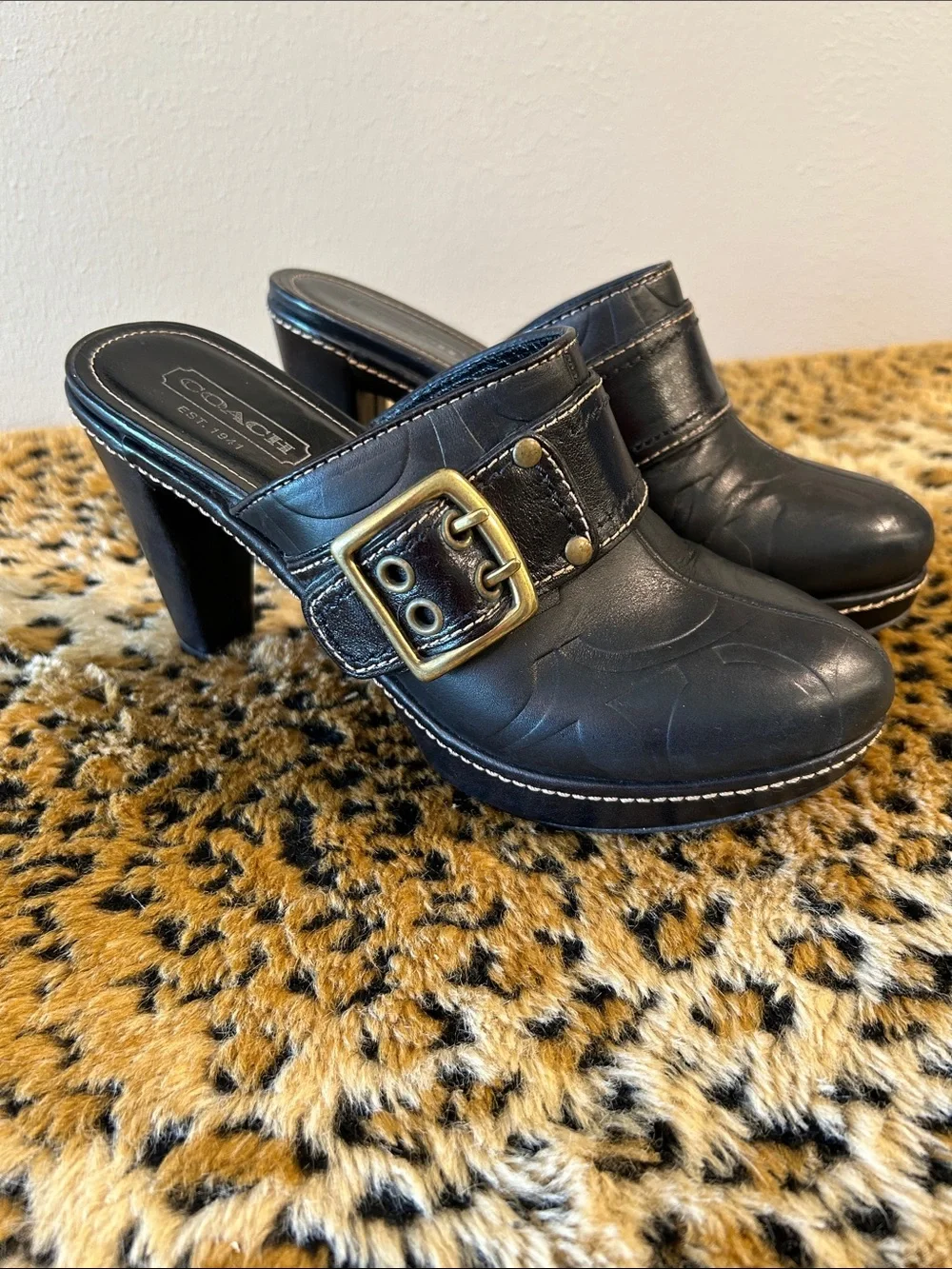 Coach Black Leather Buckle Clog Heels